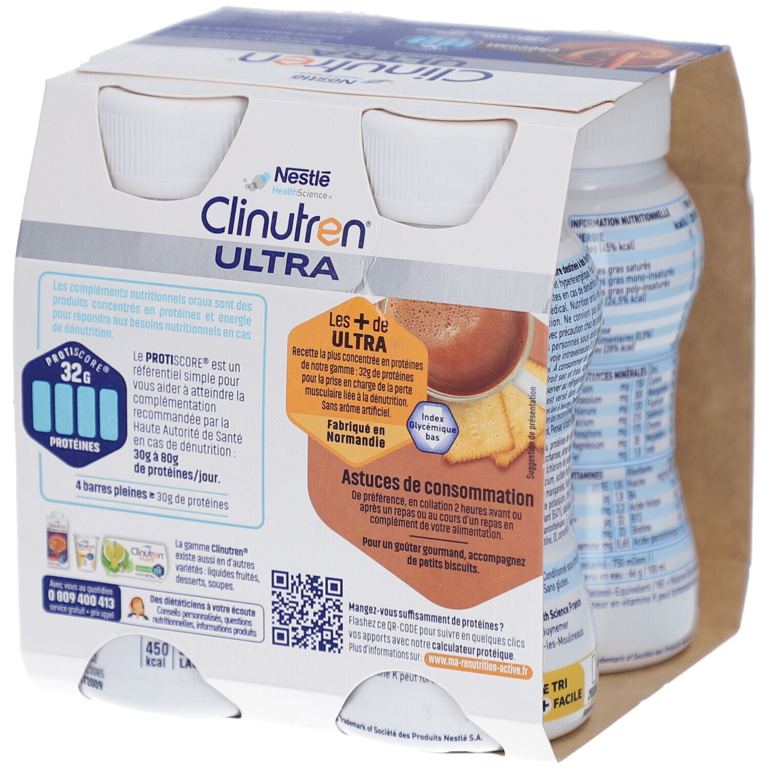Emballage de quatre bouteilles Clinutren Ultra Chocolat. Inscriptions : Nestle, Ultra, concentré en protéines, saveur chocolat, 450 kcal, sans lactose.