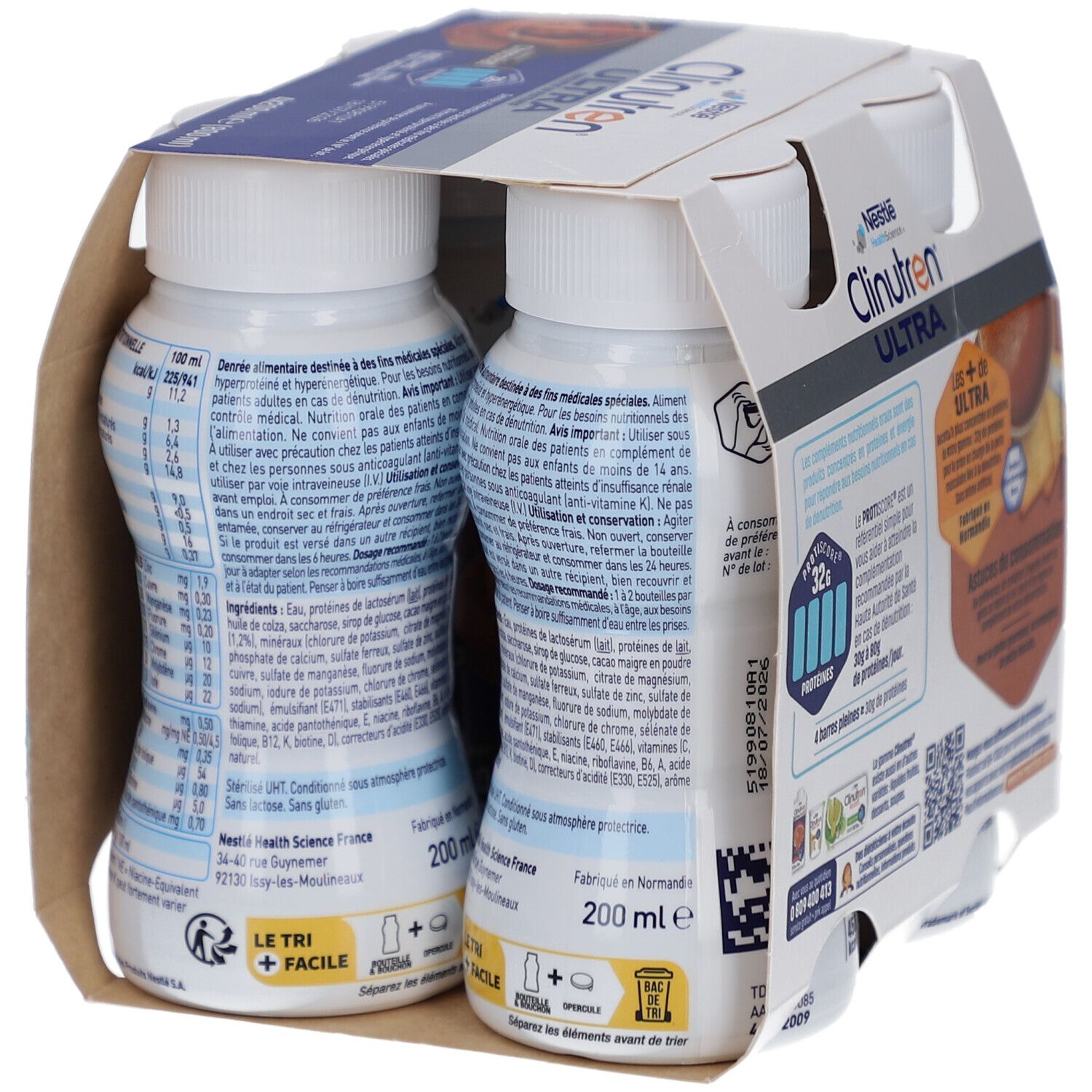 Emballage de deux bouteilles Clinutren Ultra Chocolat. Inscriptions : Nestle, Ultra, concentré en protéines, saveur chocolat, 450 kcal, sans lactose.