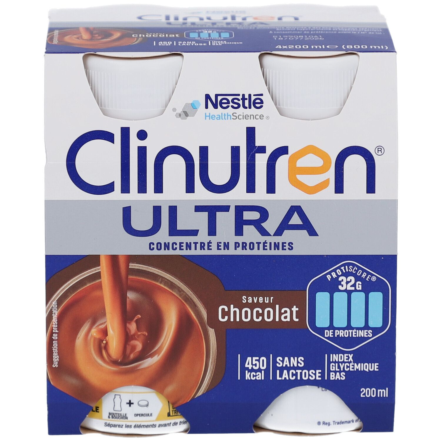 Emballage de quatre bouteilles Clinutren Ultra Chocolat. Inscriptions : Nestle, Ultra, concentré en protéines, saveur chocolat, 450 kcal, sans lactose.