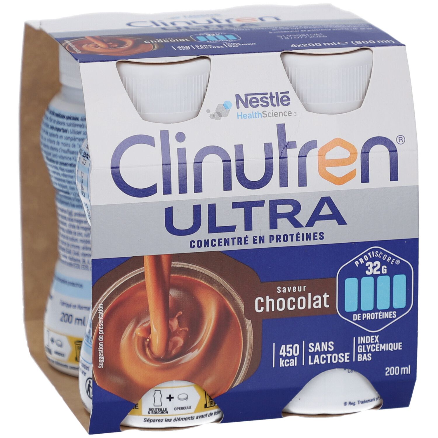 Emballage de quatre bouteilles Clinutren Ultra Chocolat. Inscriptions : Nestle, Ultra, concentré en protéines, saveur chocolat, 450 kcal, sans lactose.