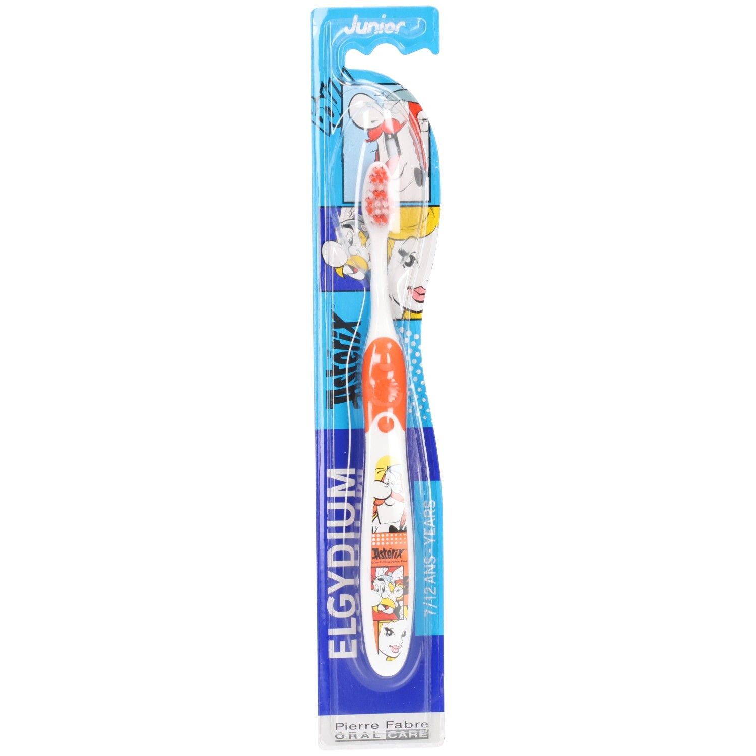 Brosse à dents Elgydium Junior avec motif Astérix, orange et blanc, pour enfants de 7-12 ans.