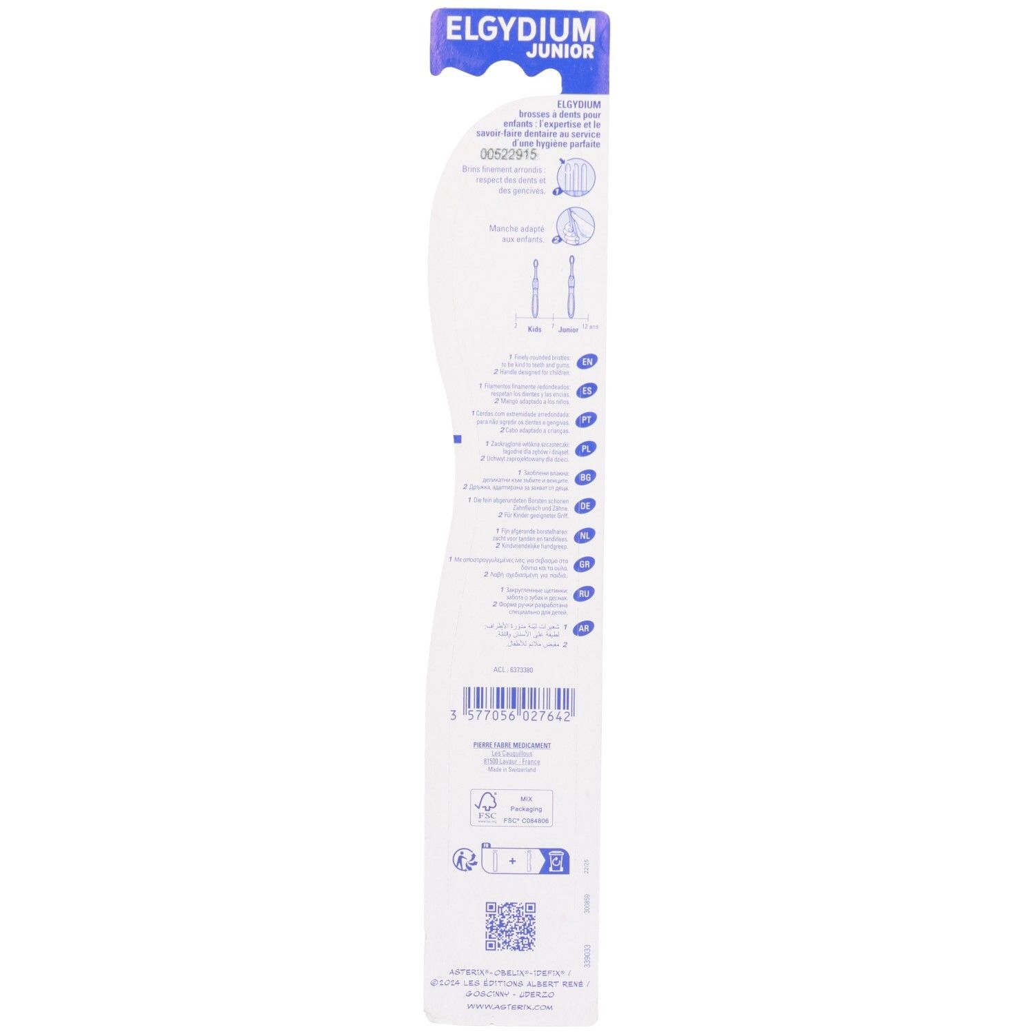 Arrière de l'emballage de la brosse à dents Elgydium Junior avec instructions d'utilisation et informations produit.
