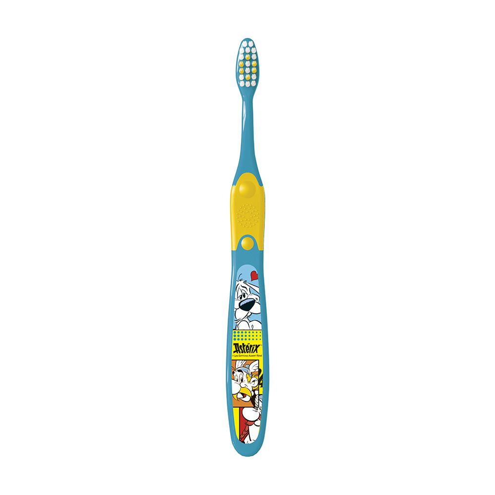 Brosse à dents enfant bleue avec manche jaune et motif Astérix.
