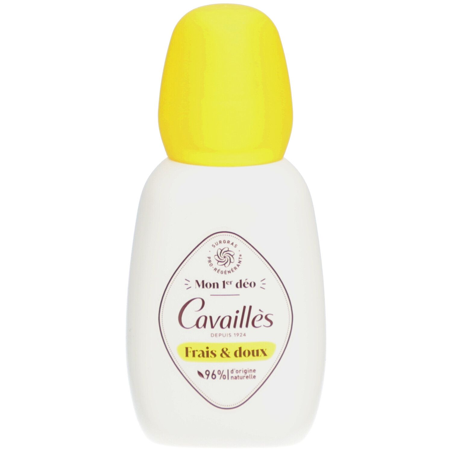 Flacon de déodorant blanc avec bouchon jaune. Inscription: Rogé Cavaillès, Mon 1er déo, Frais & doux. 96% ingrédients naturels.