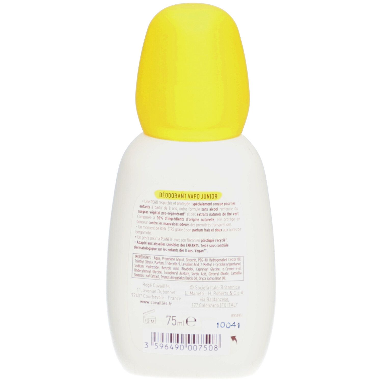 Dos du flacon de déodorant. Texte: Déodorant vapo junior. Liste des ingrédients, informations fabricant et code-barres.