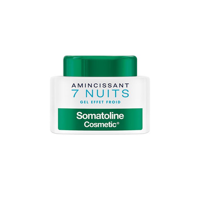 Somatoline Cosmetic Amincissant 7 Nuits Gel Effet Froid dans un pot blanc avec un couvercle vert.