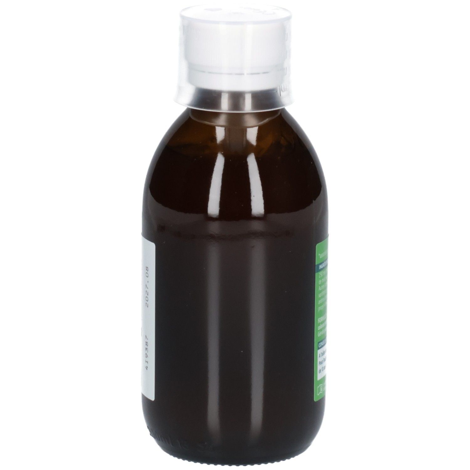 Flacon brun avec bouchon blanc, vue latérale. Étiquette avec informations produit.