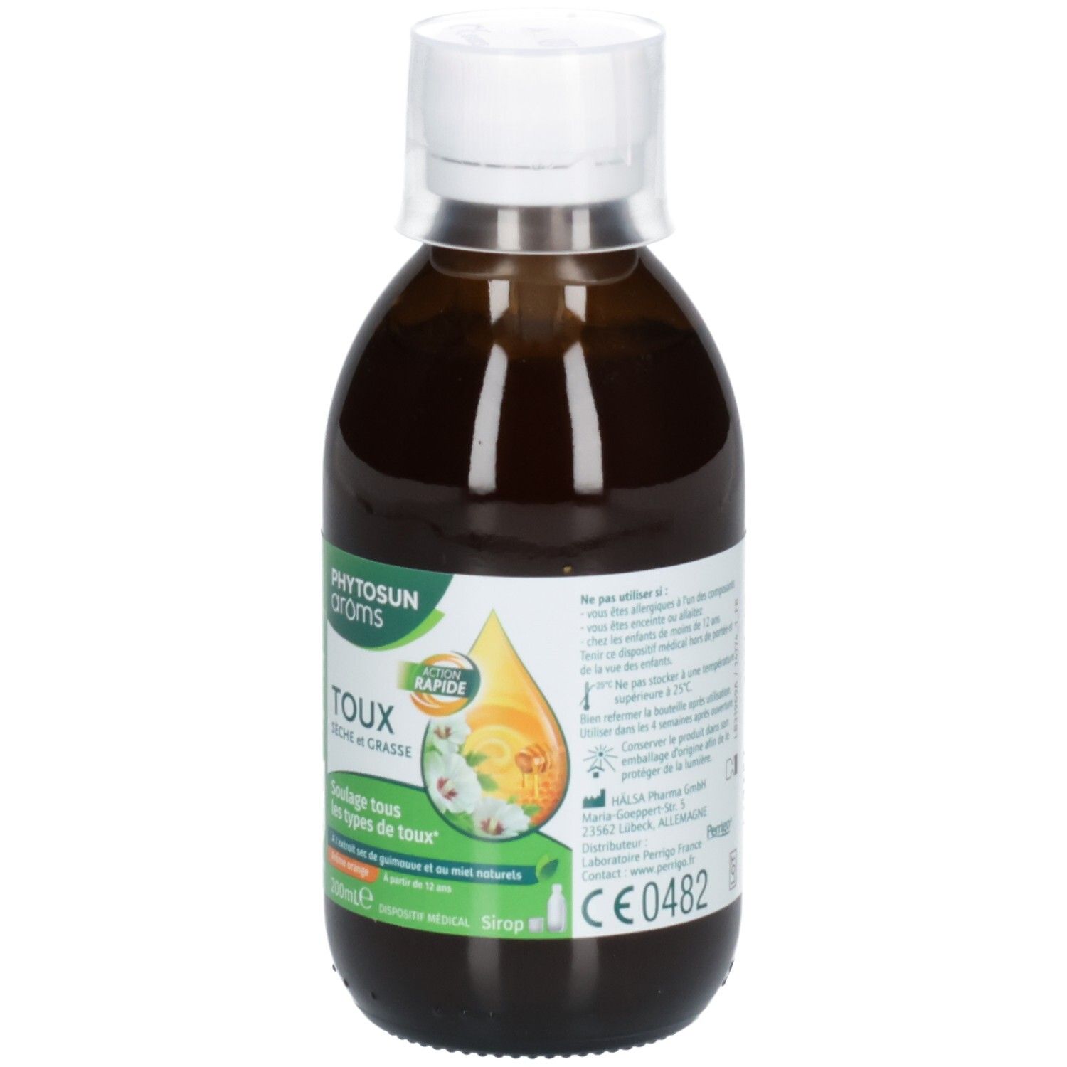 Flacon brun avec bouchon blanc. Étiquette avec nom du produit et ingrédients. Marquage CE.