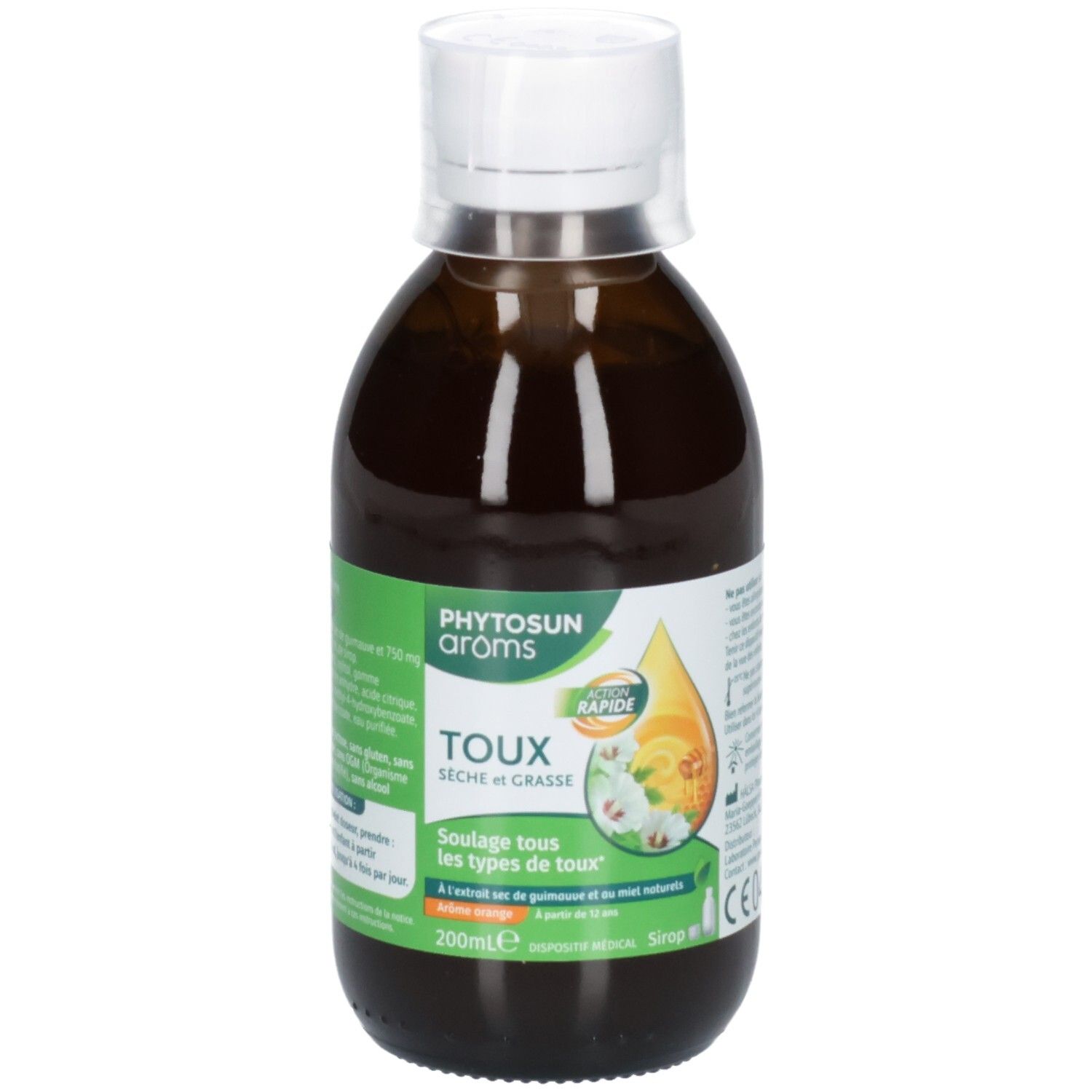 Flacon brun avec bouchon blanc. Étiquette avec nom du produit et ingrédients. Marquage CE.