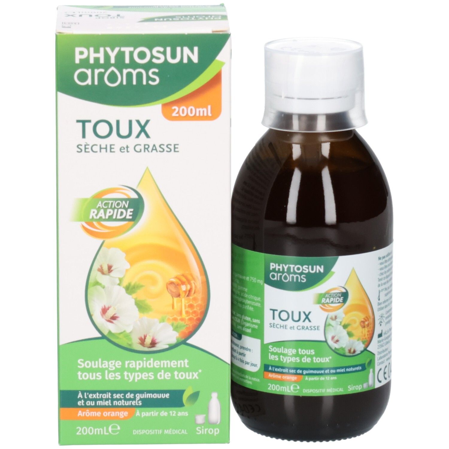 Flacon et boîte du produit. Flacon brun avec bouchon blanc. Boîte avec nom du produit et logo.