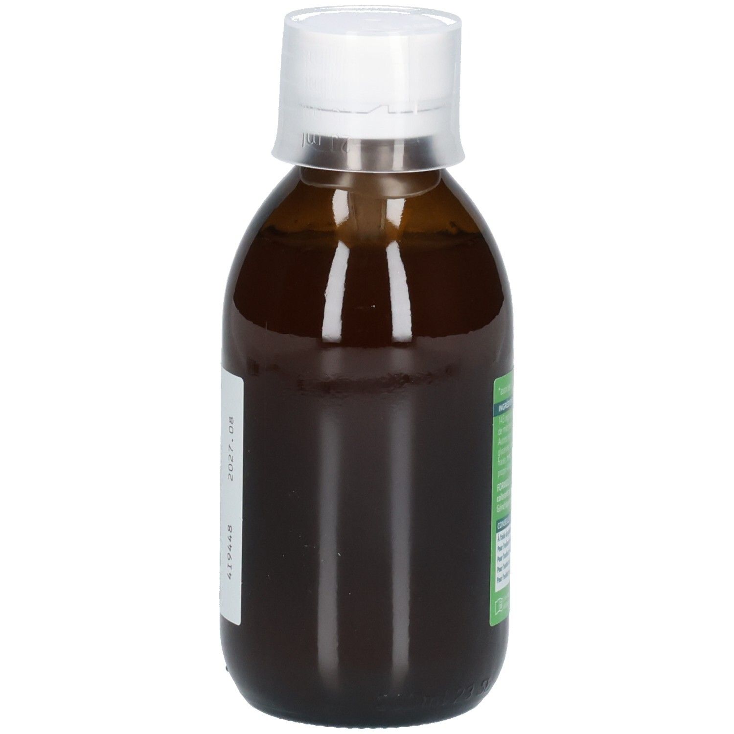 Arrière d'un flacon en verre brun avec bouchon à vis blanc. Une étiquette blanche avec date de production et numéro de lot.