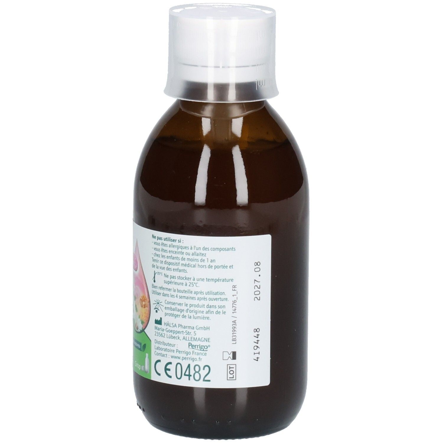 Côté d'un flacon en verre brun avec bouchon à vis blanc. Une étiquette indique le marquage CE, le numéro de lot et la date d'expiration.