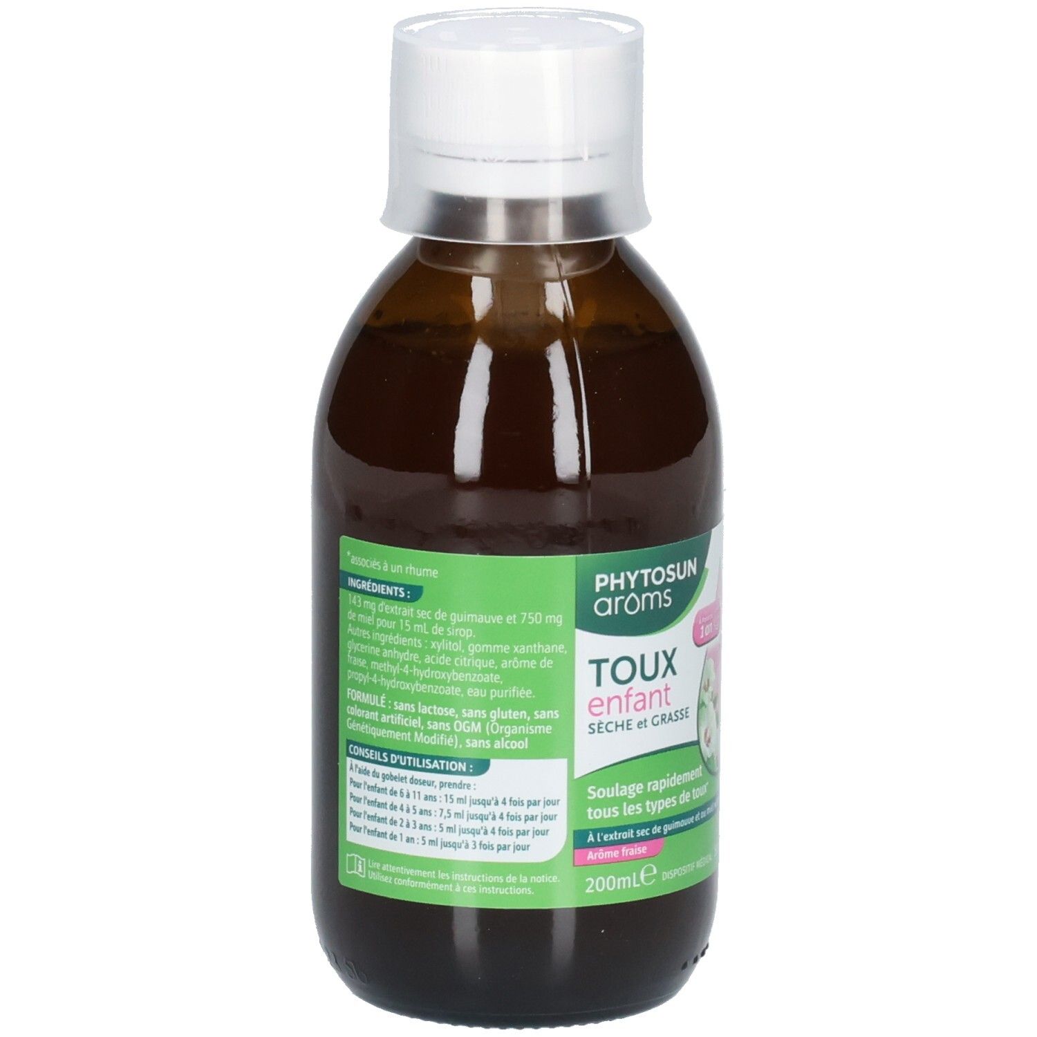 Arrière d'un flacon en verre brun avec bouchon à vis blanc. Étiquettes vertes avec ingrédients et conseils d'utilisation.