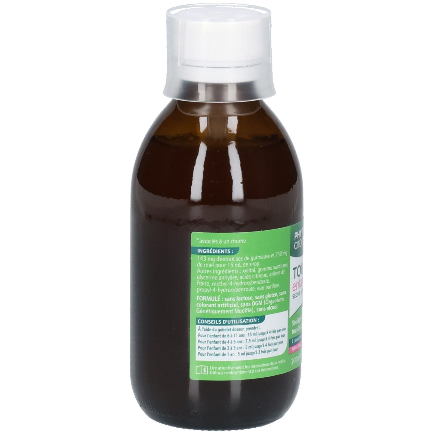 Vue détaillée de l'arrière d'un flacon en verre brun avec bouchon à vis blanc. Étiquettes vertes avec informations produit détaillées.