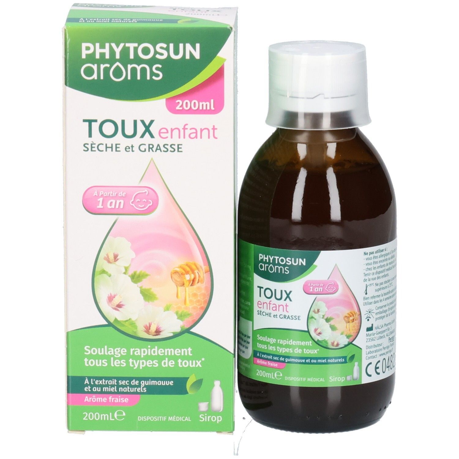 Emballage et flacon : boîte en carton et flacon en verre brun avec bouchon à vis blanc. Étiquettes vertes avec noms de produit.