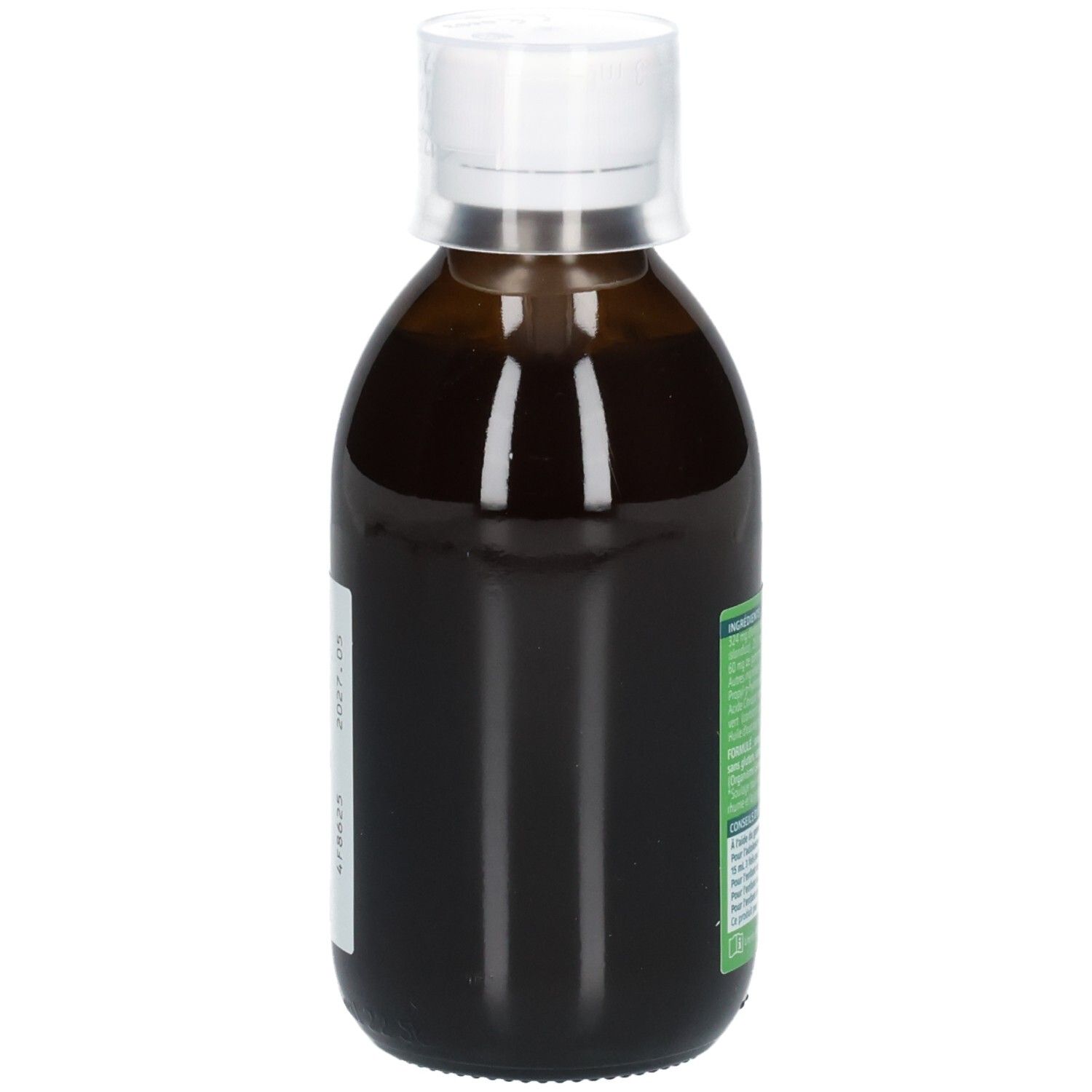 Bouteille en verre brun de sirop pour la toux, vue de côté, étiquette avec informations produit.