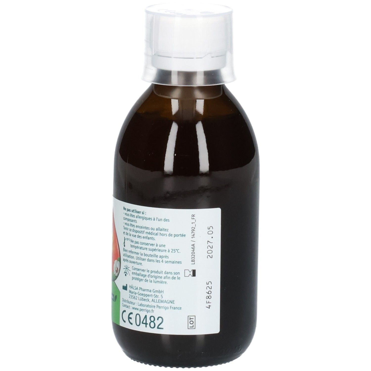 Bouteille en verre brun de sirop pour la toux, vue arrière, étiquette avec numéro de lot et date d'expiration.