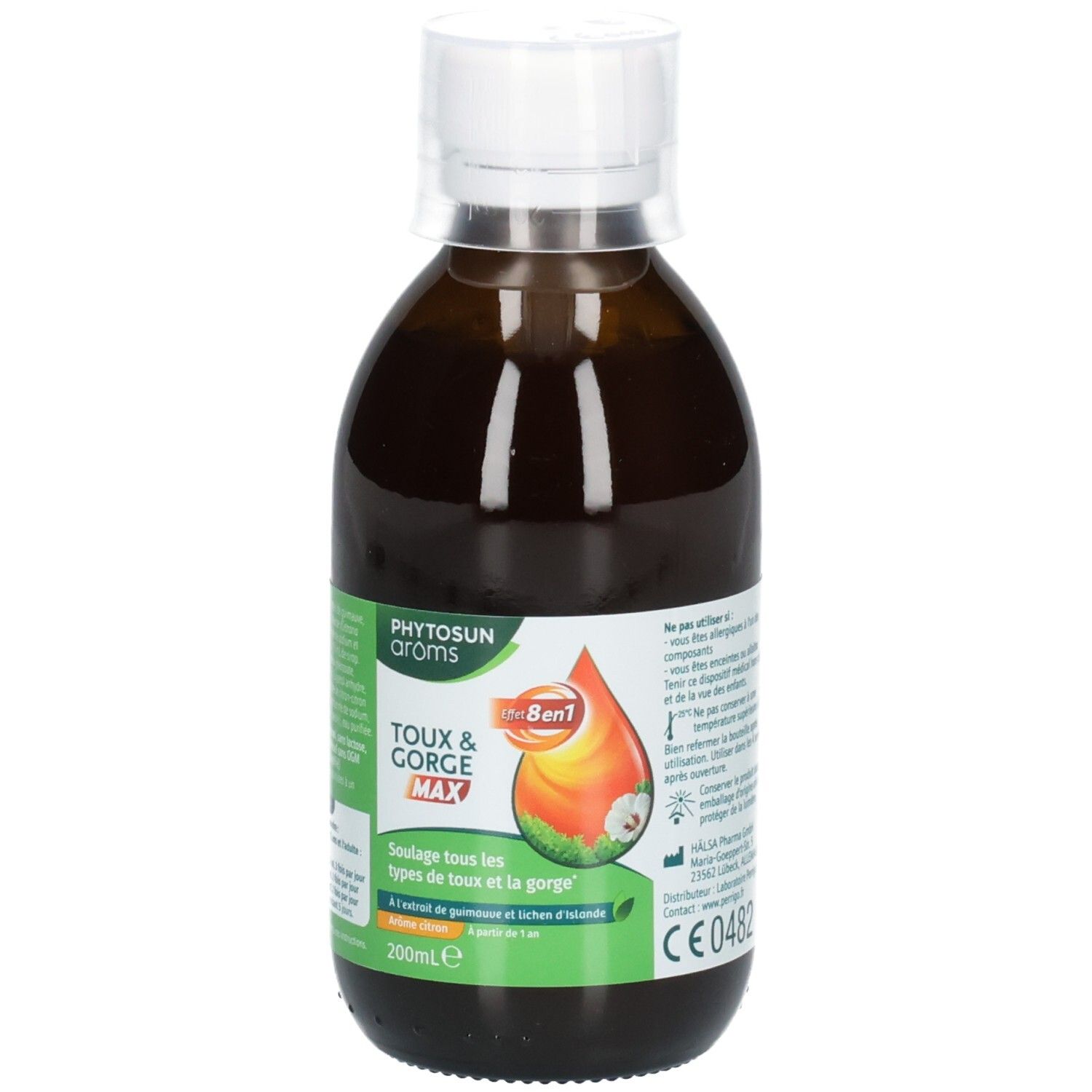Bouteille en verre brun de sirop pour la toux, étiquette avec logo Phytosun Aroms, 'Toux & Gorge Max' et symbole goutte.