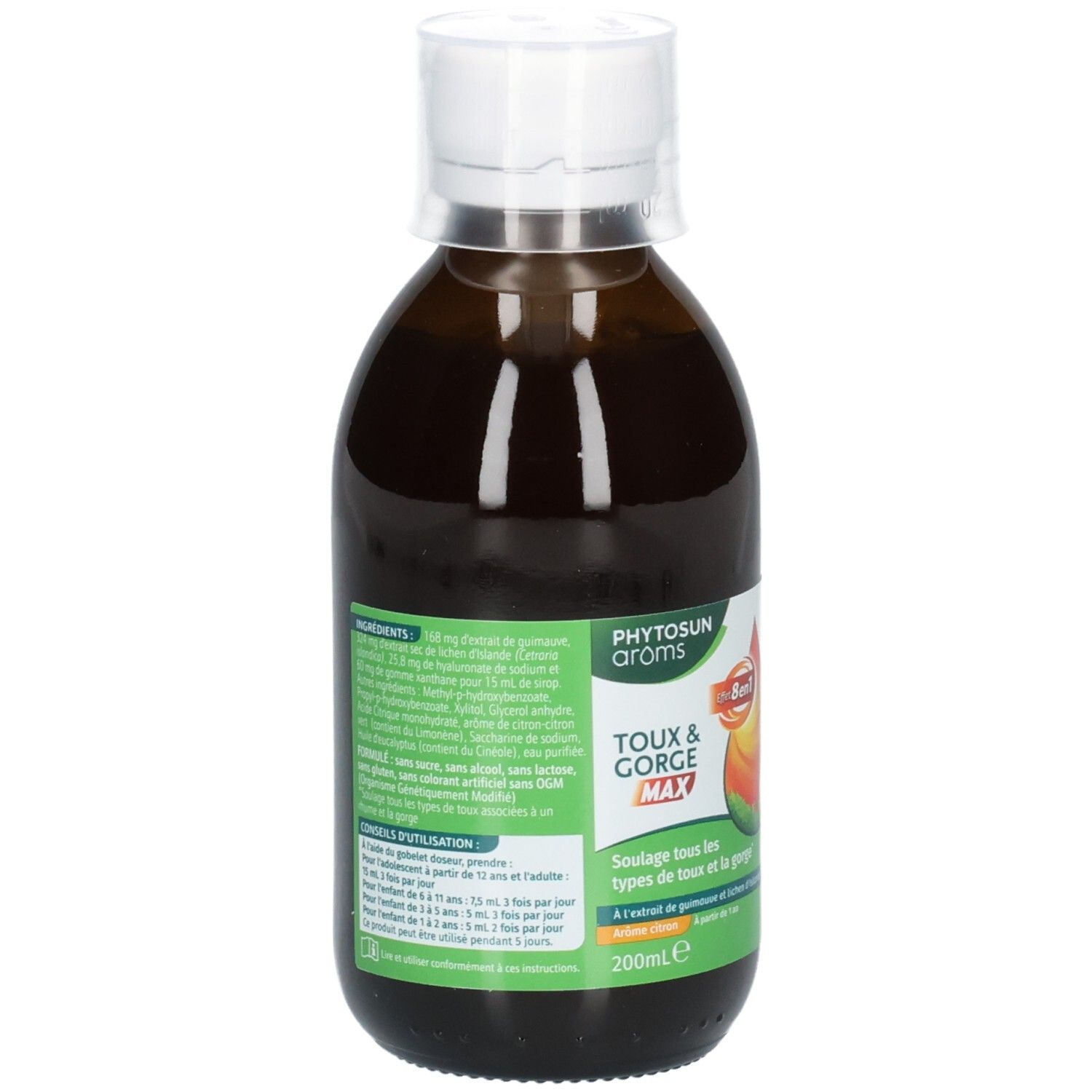 Bouteille en verre brun de sirop pour la toux, étiquette avec liste des ingrédients et conseils d'utilisation.