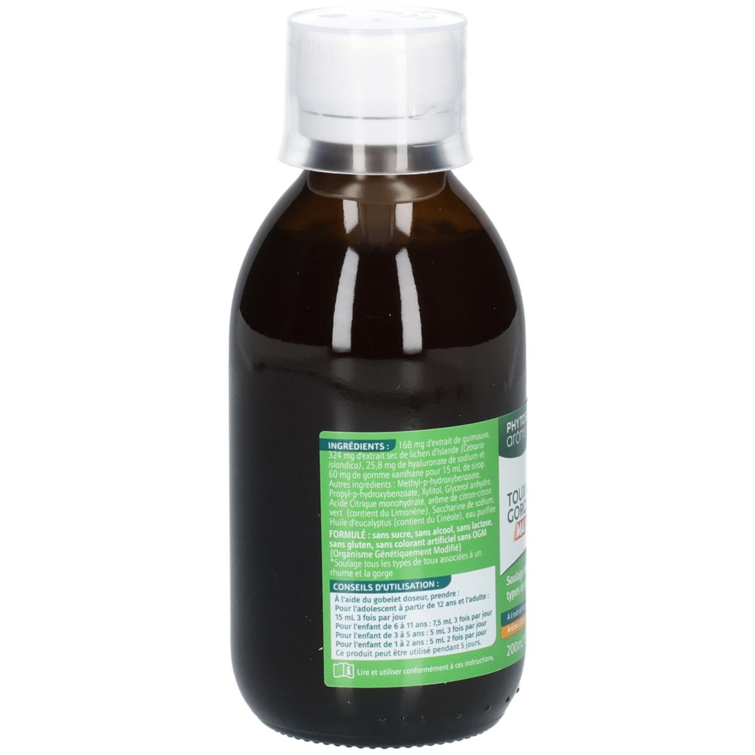 Bouteille en verre brun de sirop pour la toux, étiquette avec ingrédients, conseils d'utilisation et marquage CE.