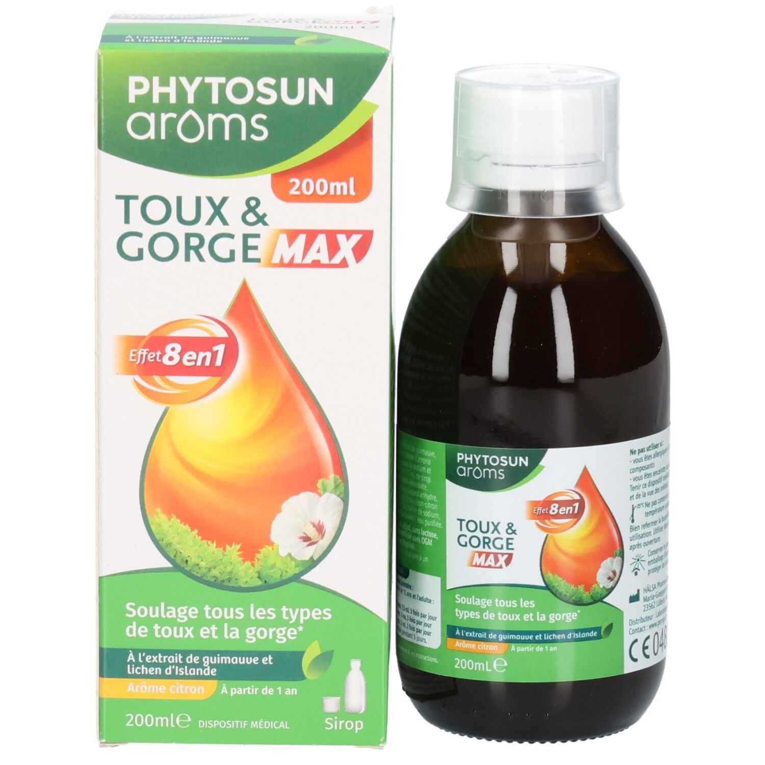 Phytosun Aroms Sirop Toux & Gorge Max : bouteille et boîte, 200ml.