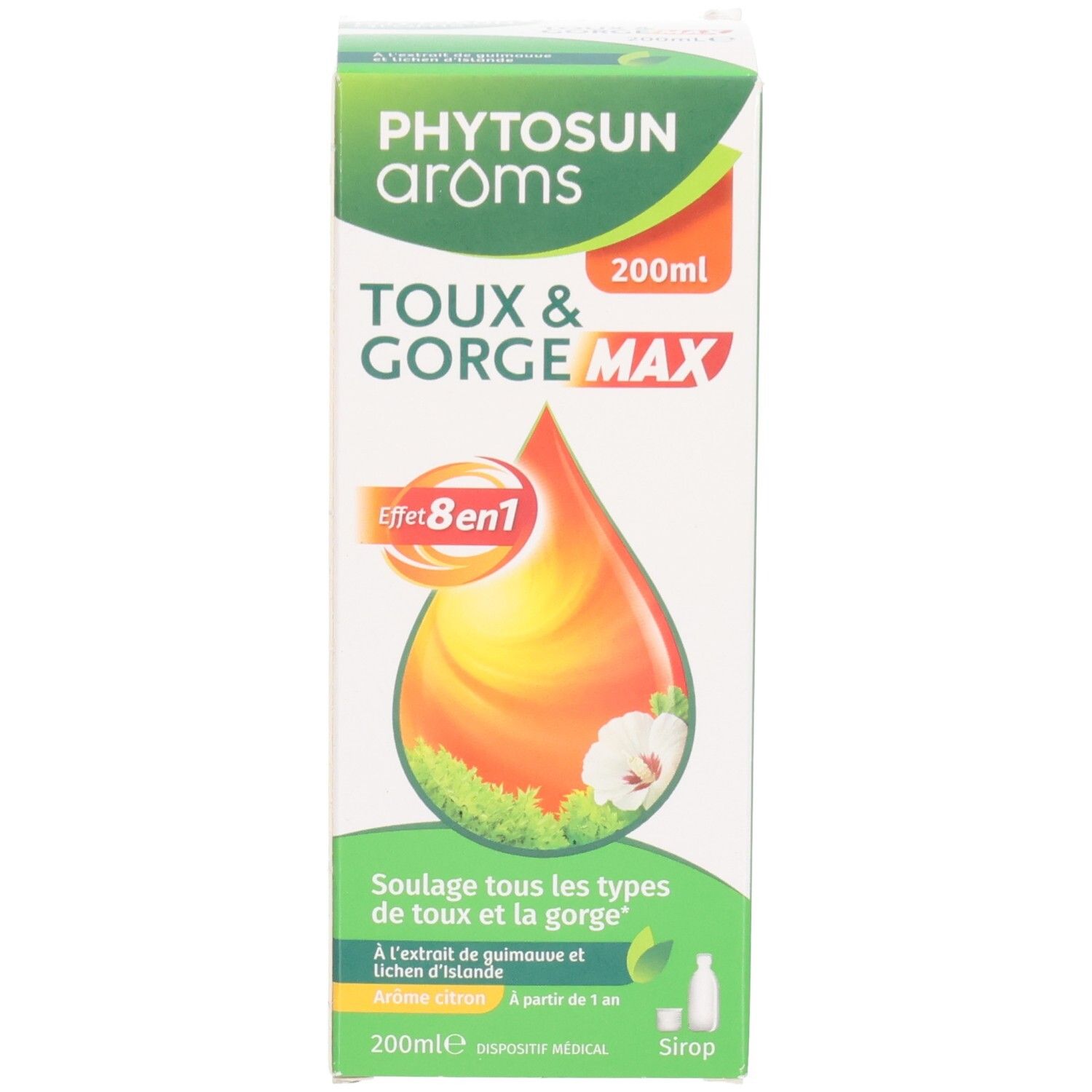 Boîte pour Phytosun Aroms Sirop Toux & Gorge Max, 200ml, avec illustration du produit.