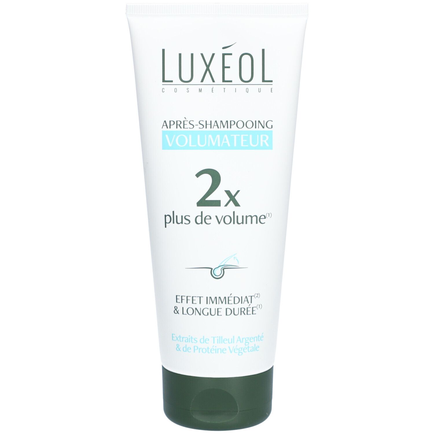 Tube blanc et vert. Inscription: LUXÉOL, Après-Shampooing Volumateur, 2x plus de volume. Texte et logo.