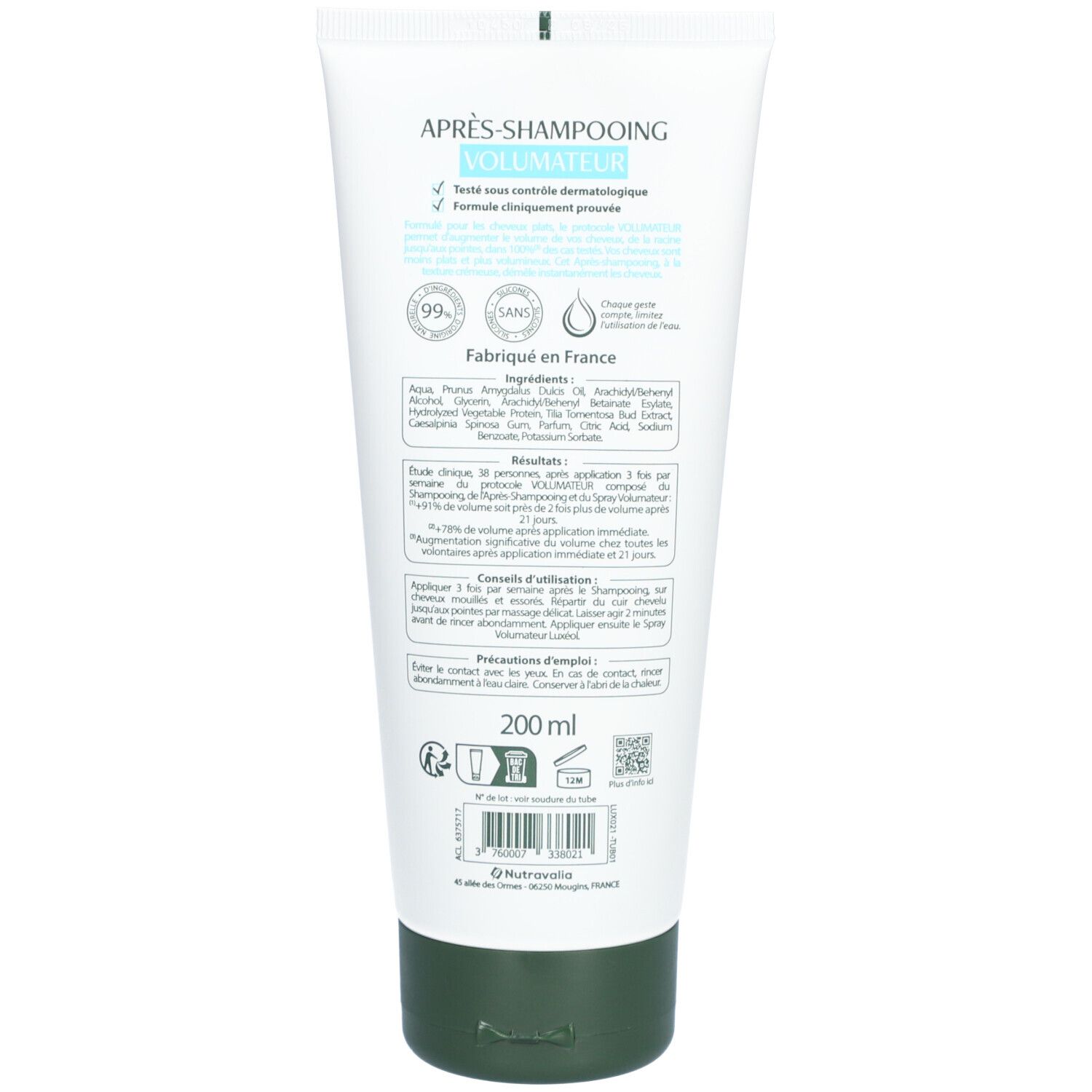 Dos d'un tube blanc et vert. Texte: Après-Shampooing Volumateur, ingrédients, 200 ml.