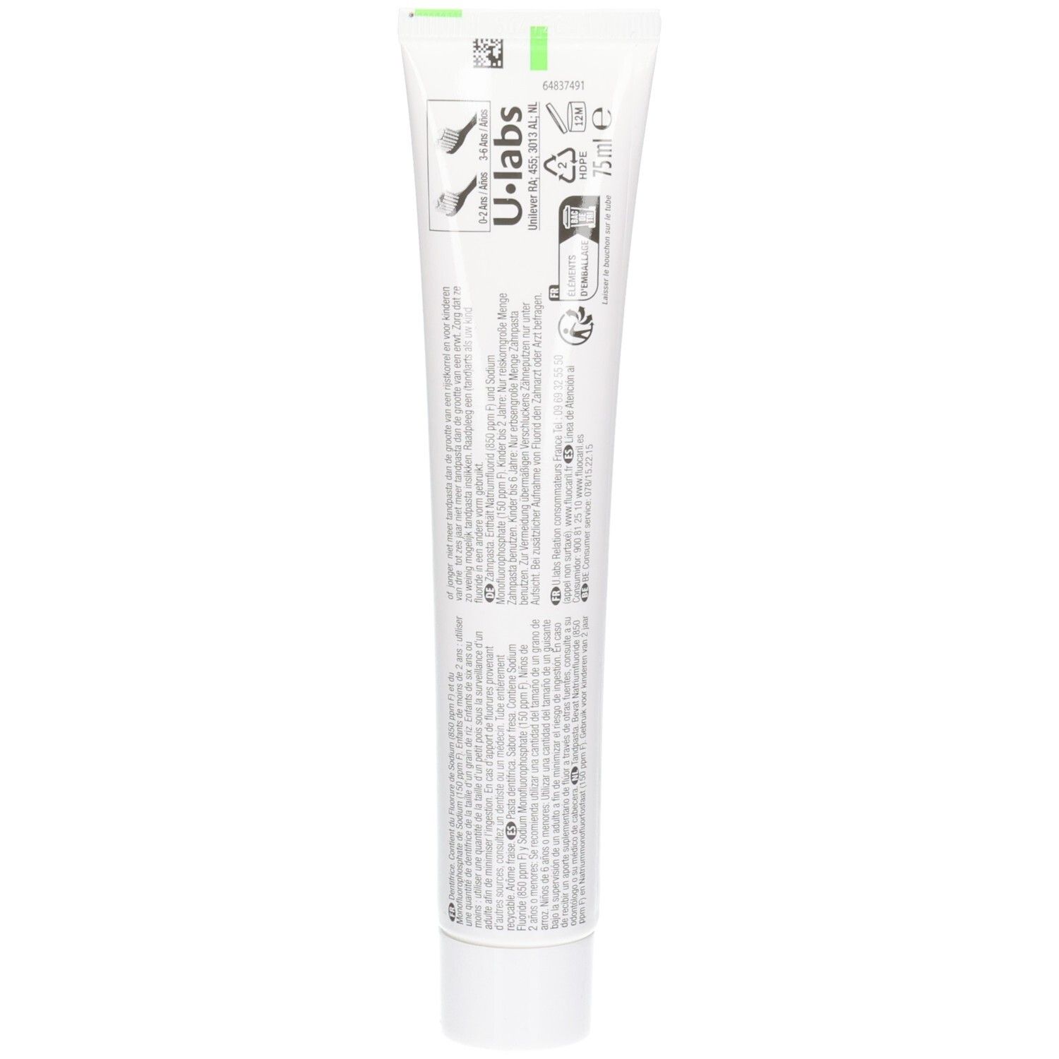 Dos de tube de dentifrice Fluocaril Kids avec ingrédients et instructions.