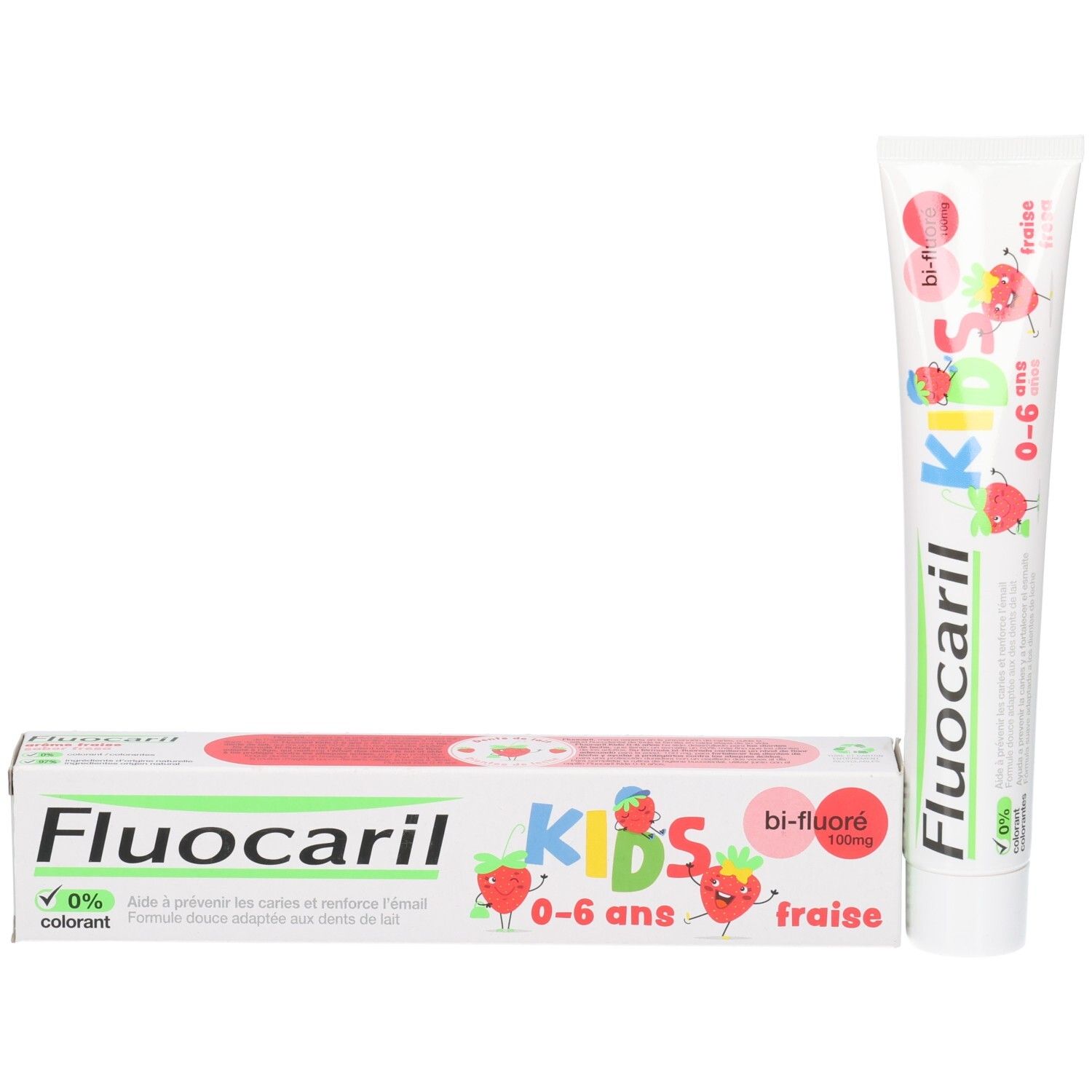 Dentifrice Fluocaril Kids et sa boîte, saveur fraise, 0-6 ans.
