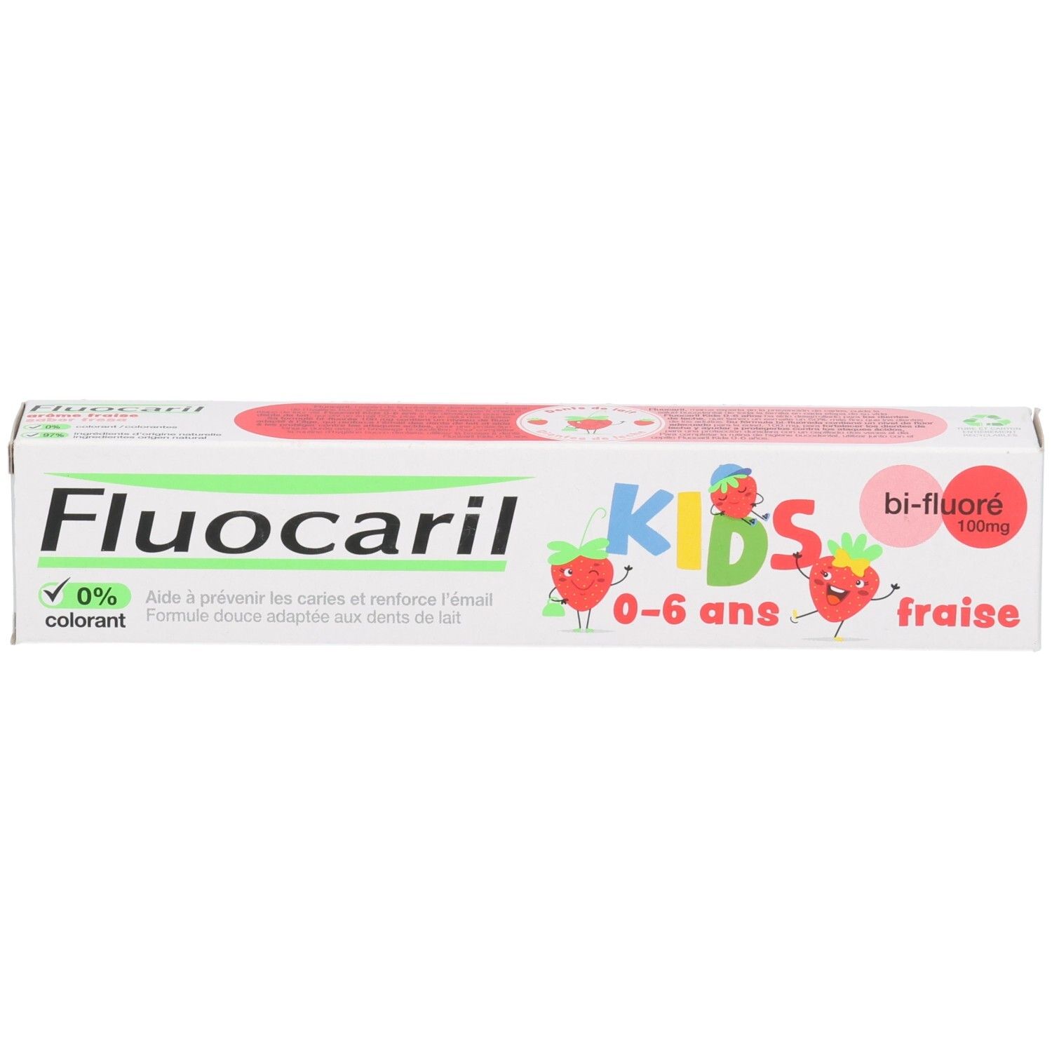 Boîte de dentifrice Fluocaril Kids, saveur fraise, 0-6 ans.