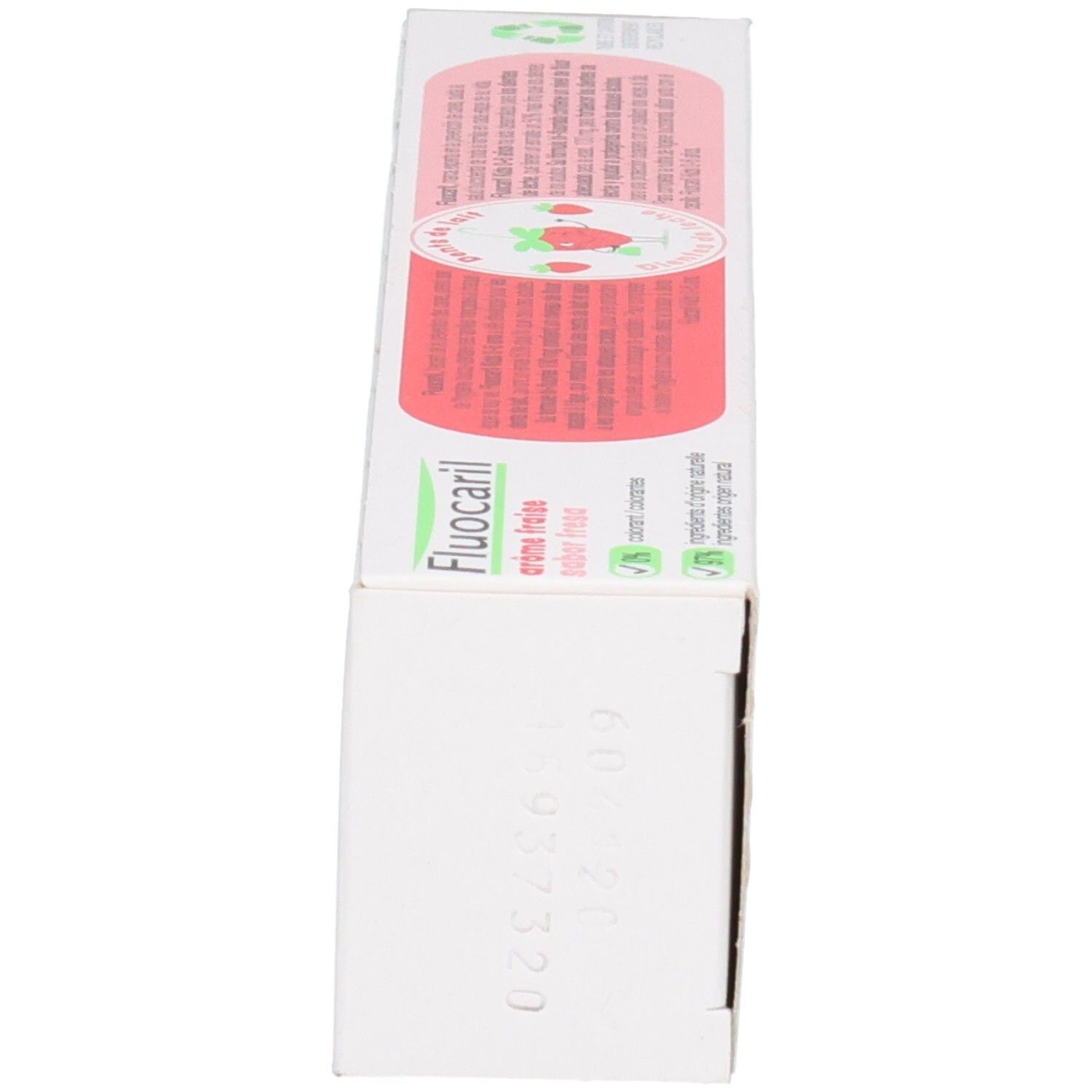 Vue latérale de la boîte de dentifrice Fluocaril Kids avec informations produit.