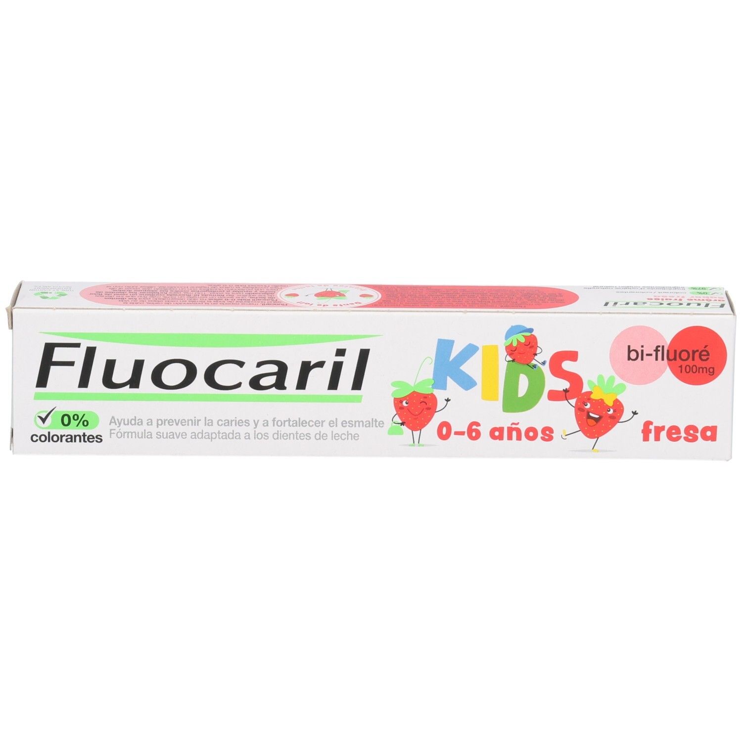 Vue latérale de la boîte de dentifrice Fluocaril Kids avec code-barres.