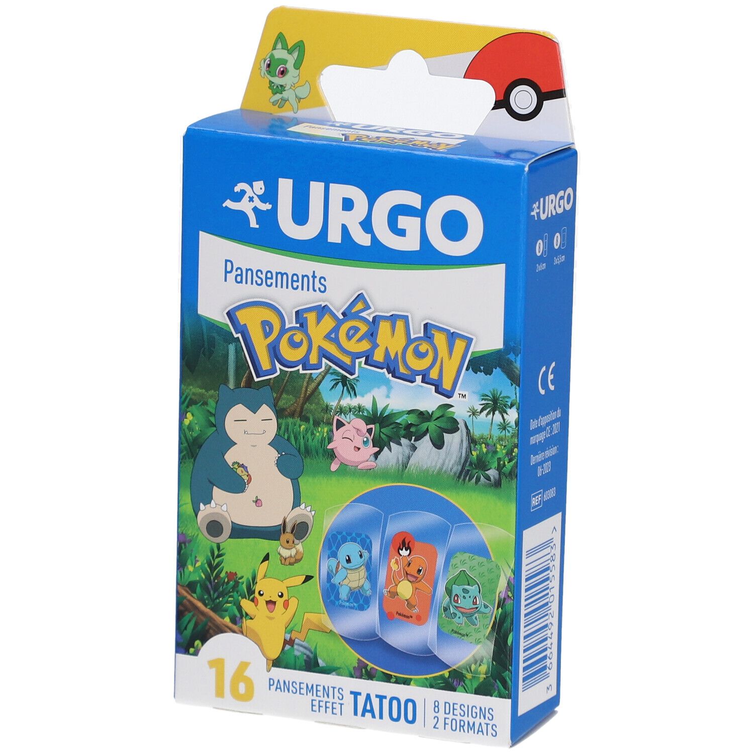 Boîte bleue URGO avec logo Pokémon. Contient 16 pansements effet tatouage avec des personnages Pokémon.