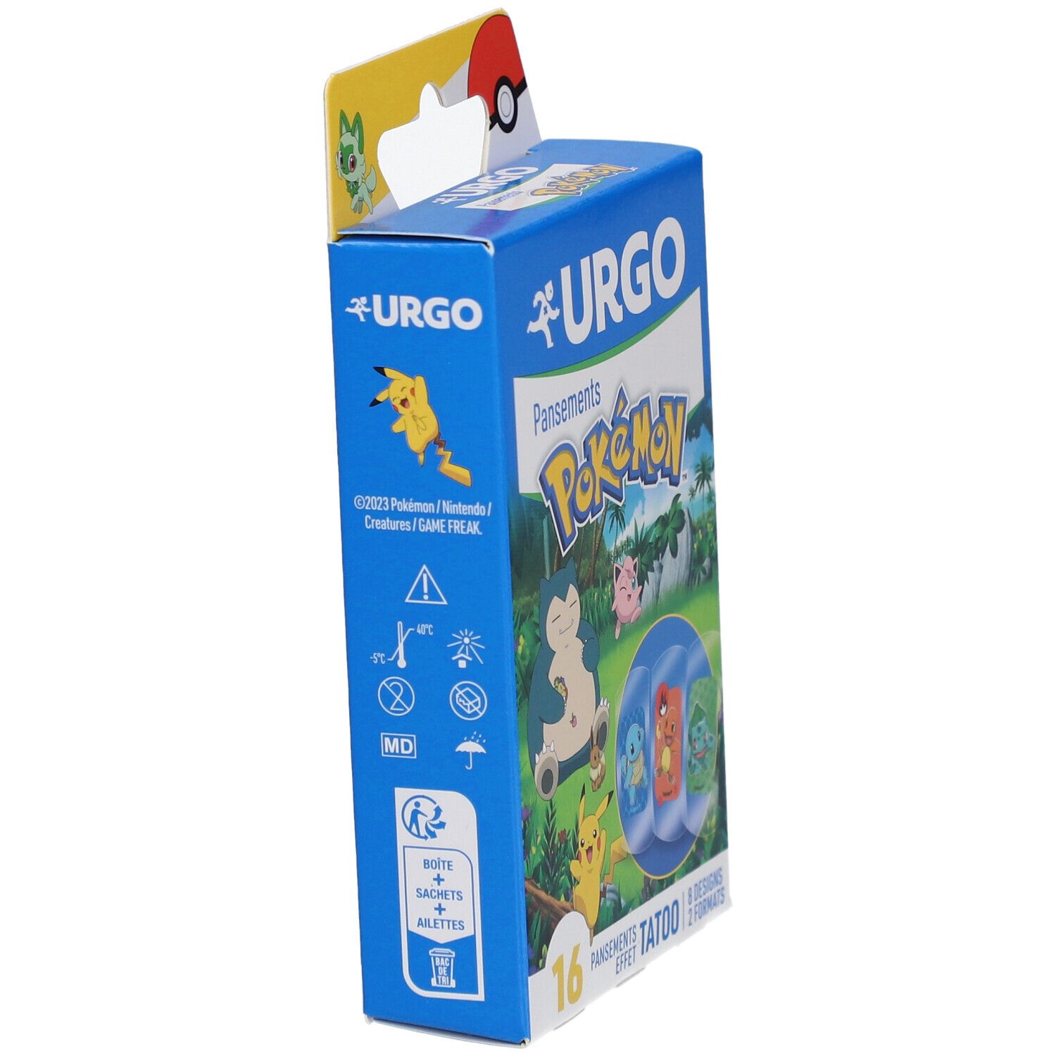 Boîte bleue URGO avec logo Pokémon. Vue latérale avec informations produit et pictogrammes.