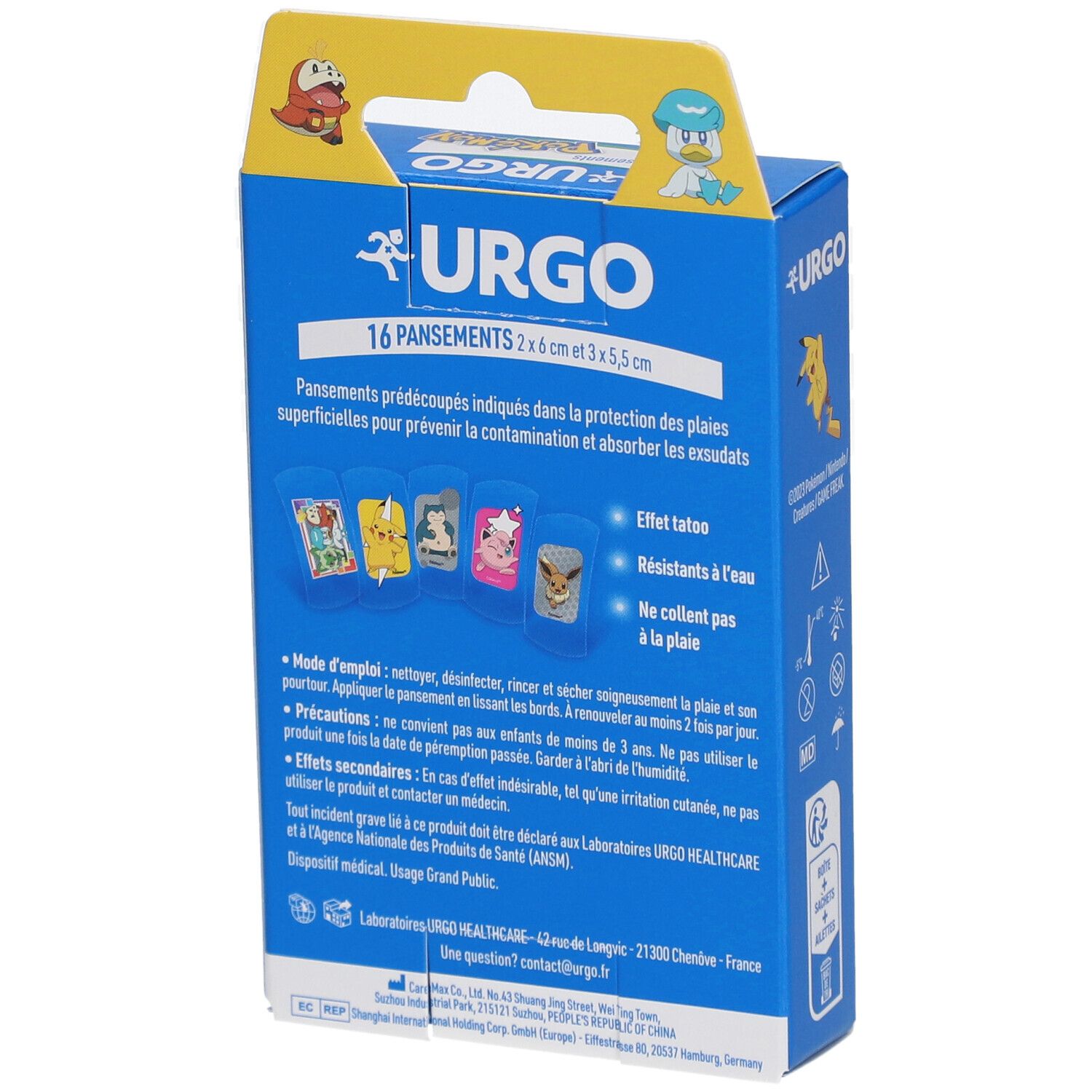 Dos de la boîte URGO bleue. Informations sur les pansements, dimensions et instructions d'utilisation.