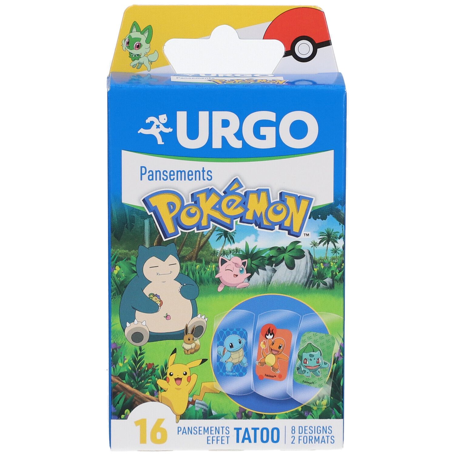 Boîte bleue URGO avec logo Pokémon. Contient 16 pansements effet tatouage avec des personnages Pokémon.