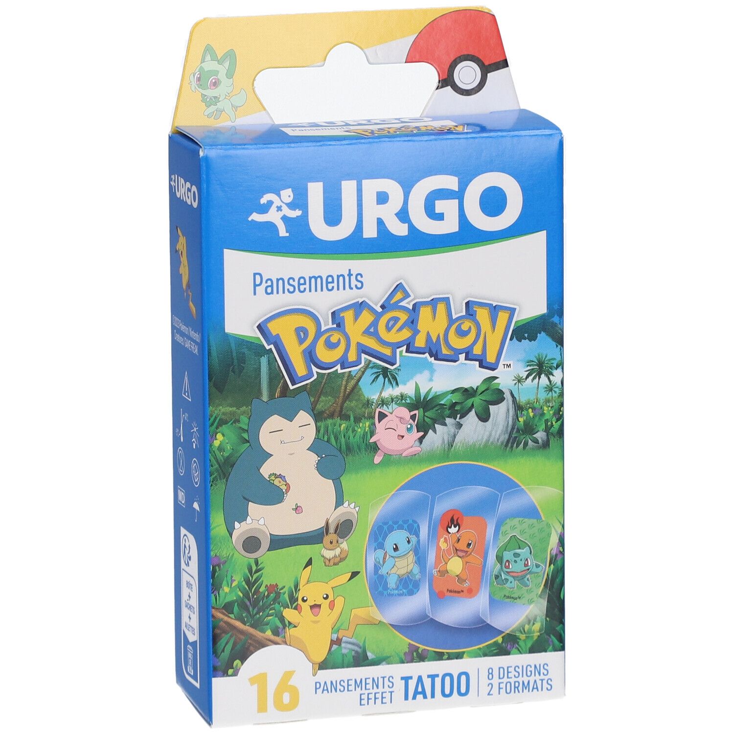 Boîte bleue URGO avec logo Pokémon. Contient 16 pansements effet tatouage avec des personnages Pokémon.
