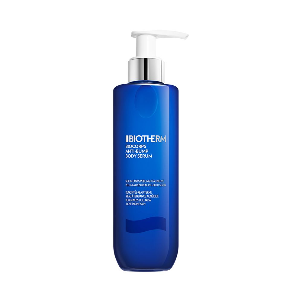 Sérum Corps BIOTHERM Biocorps Anti-Bump dans un flacon pompe bleu.