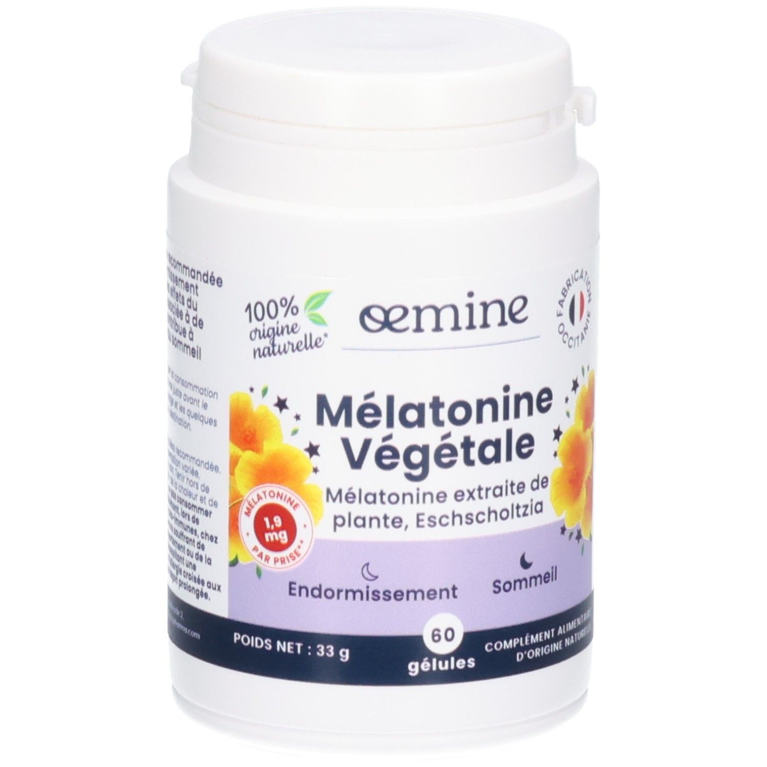 Pot blanc de gélules Melatonin Veg Gelu. Contient 60 gélules. Origine naturelle.