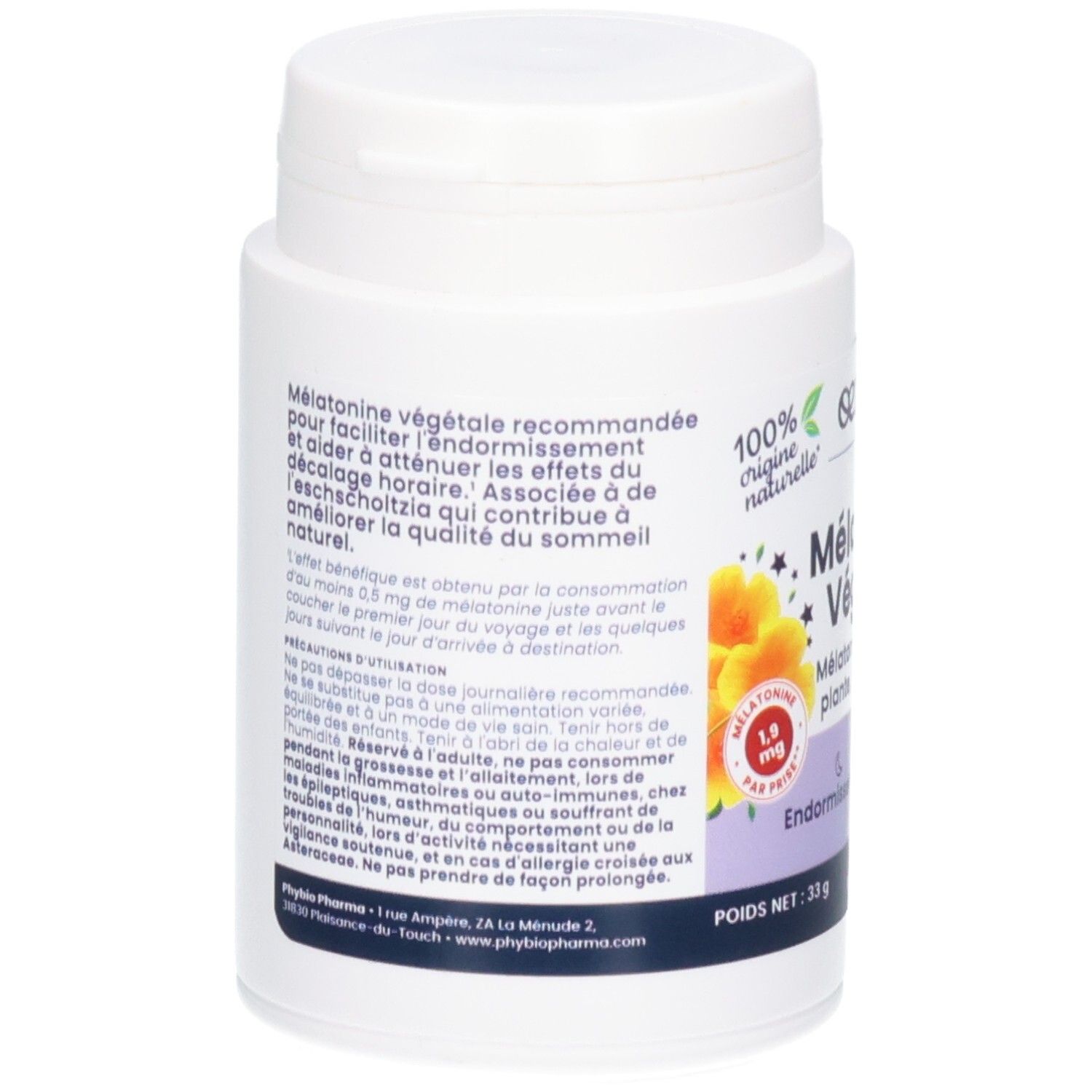 Dos du pot avec informations détaillées sur les gélules Melatonin Veg Gelu. Origine naturelle.