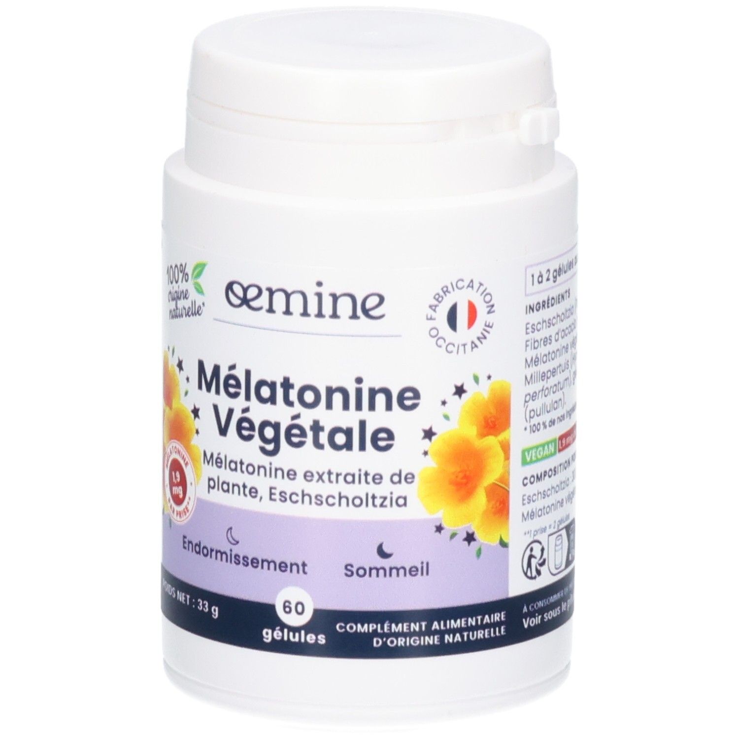 Pot blanc de gélules Melatonin Veg Gelu. Contient 60 gélules. Origine naturelle. Fabriqué en Occitanie.