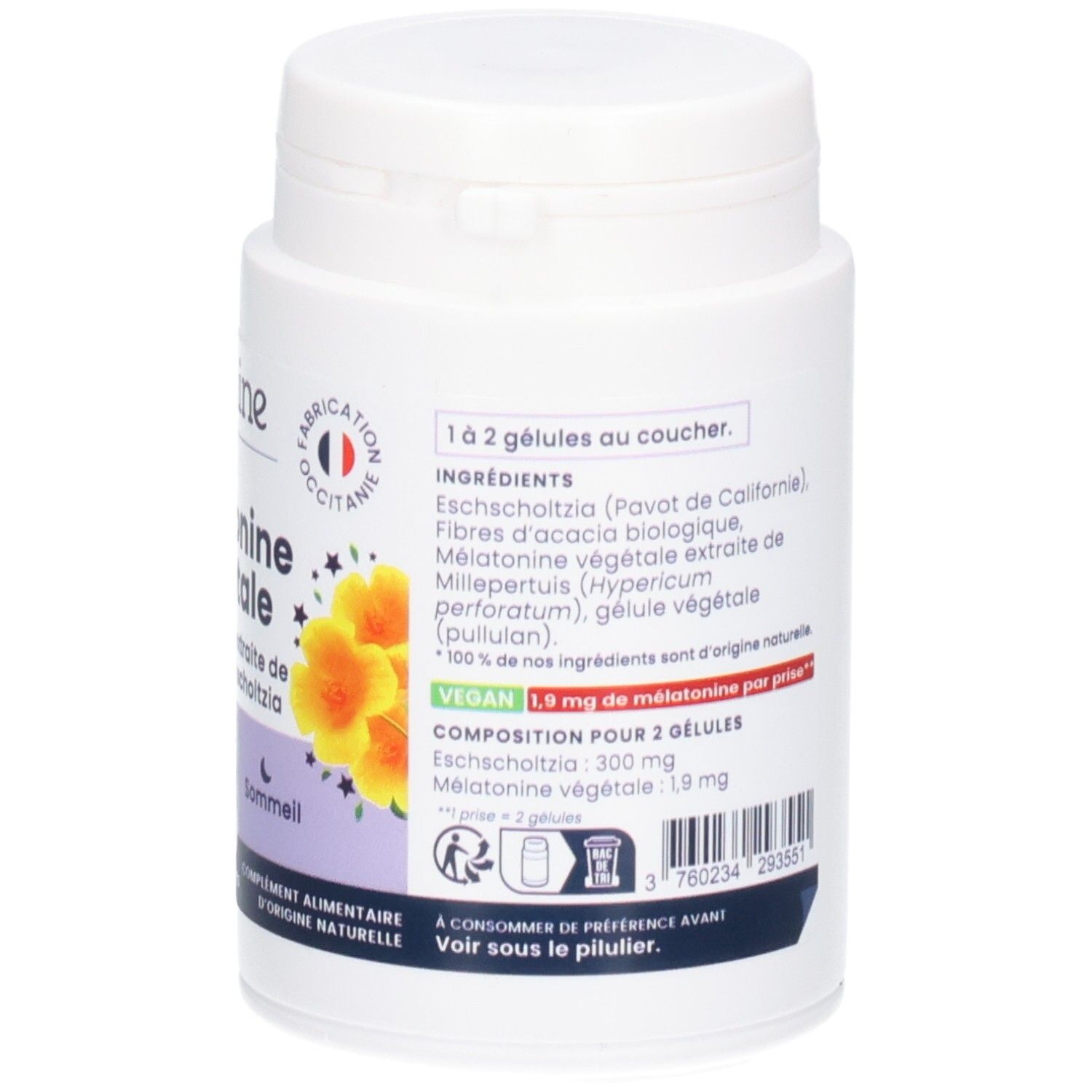 Dos du pot avec ingrédients et dosage pour les gélules Melatonin Veg Gelu. Vegan.