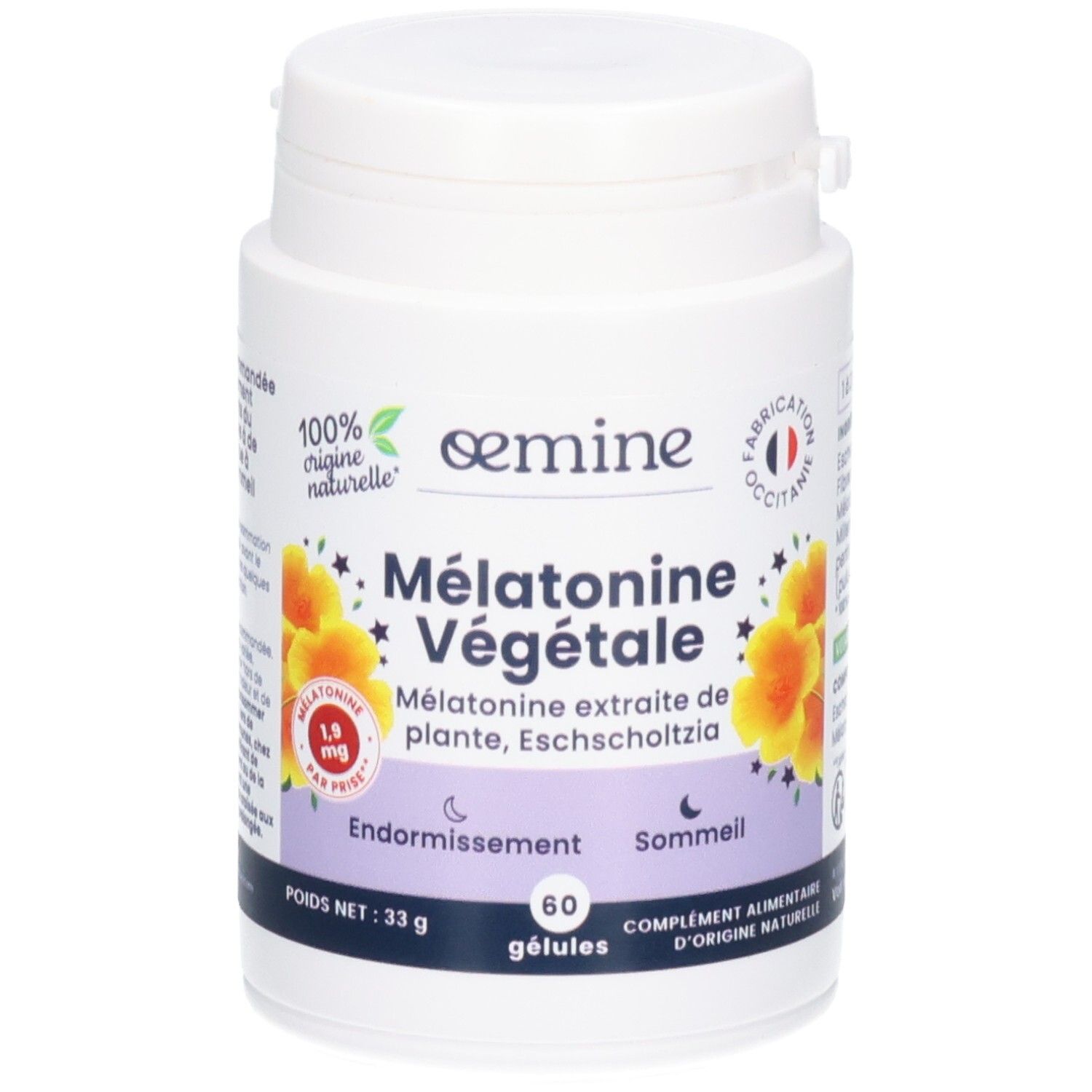 Pot blanc de gélules Melatonin Veg Gelu. Contient 60 gélules. Origine naturelle. Fabriqué en Occitanie.