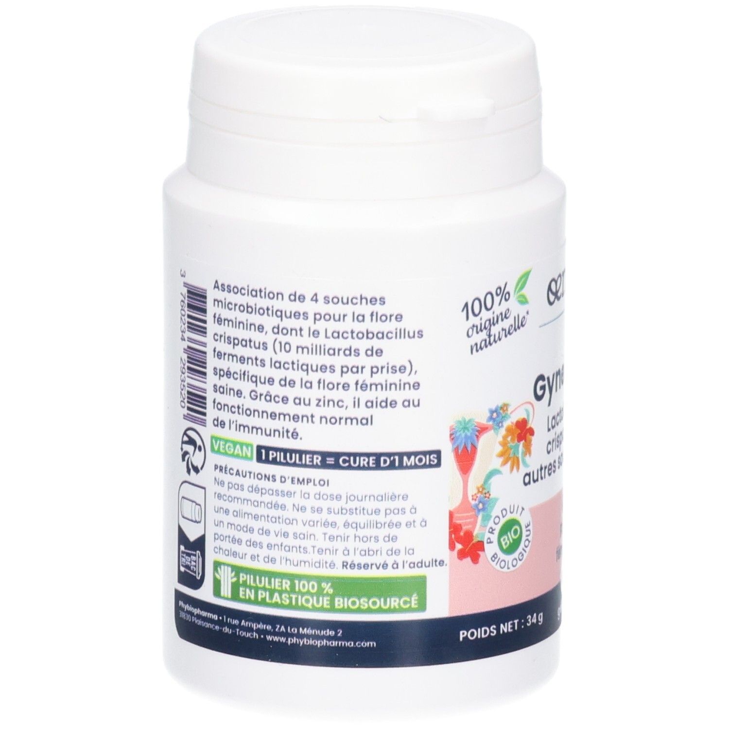 Arrière d'un pot blanc OEMINE GYNEBIOFLOR, Lactobacillus crispatus et 3 autres souches - Zinc.