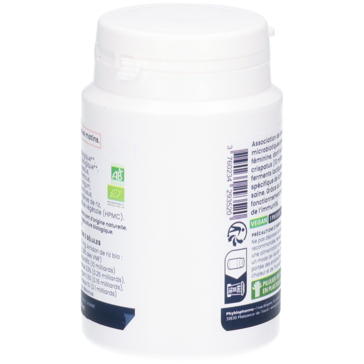 Côté d'un pot blanc OEMINE GYNEBIOFLOR, Lactobacillus crispatus et 3 autres souches - Zinc.