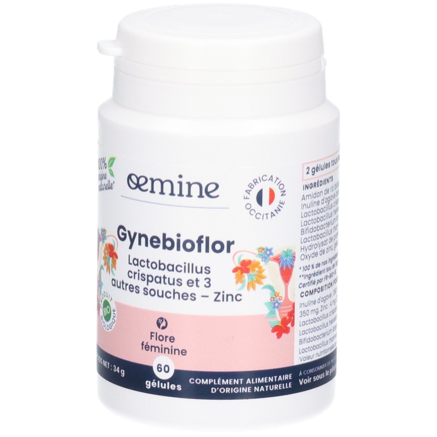 Avant d'un pot blanc OEMINE GYNEBIOFLOR, Lactobacillus crispatus et 3 autres souches - Zinc.