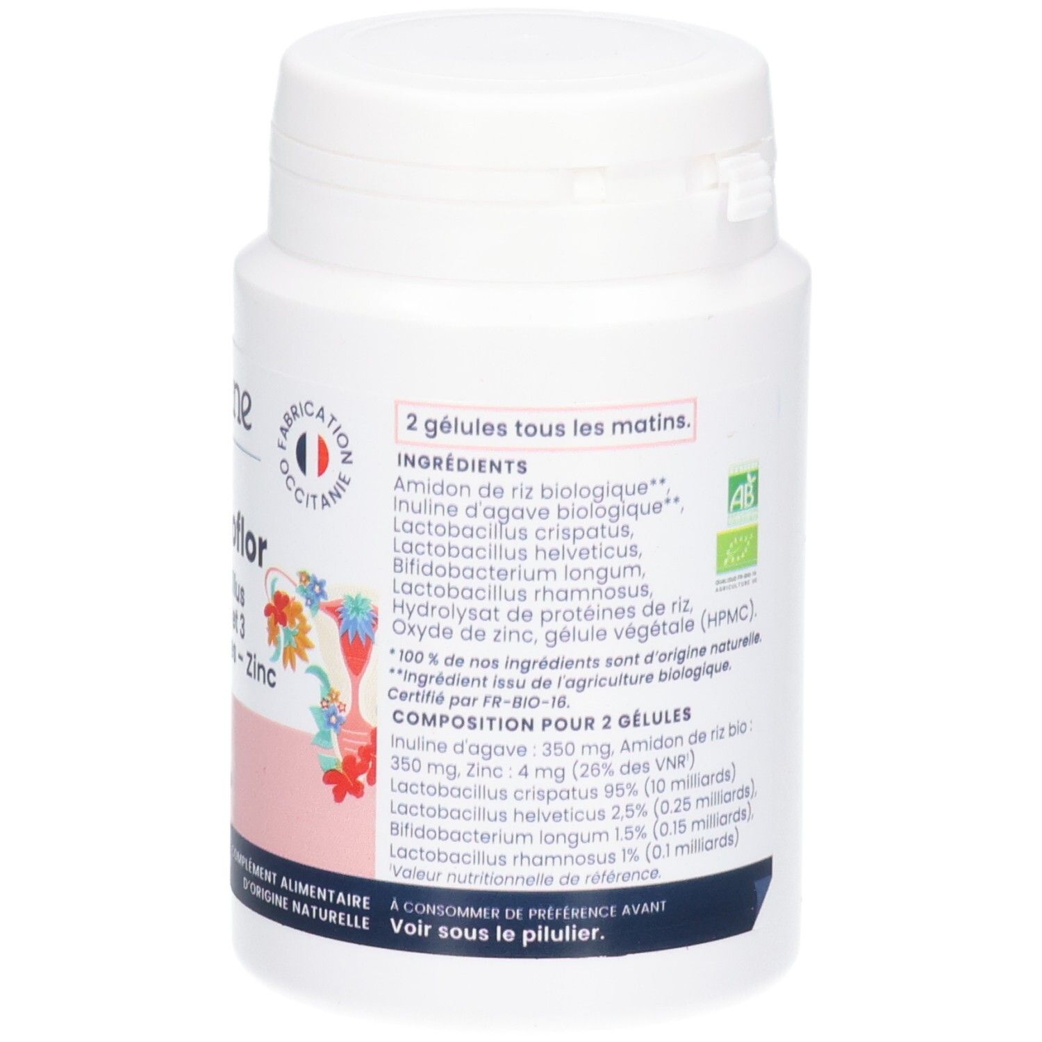 Arrière d'un pot blanc OEMINE GYNEBIOFLOR, Lactobacillus crispatus et 3 autres souches - Zinc.