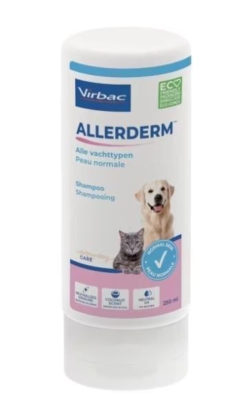 Flacon blanc, bouchon bleu. Inscription ALLERDERM, image chien et chat. 250 ml.