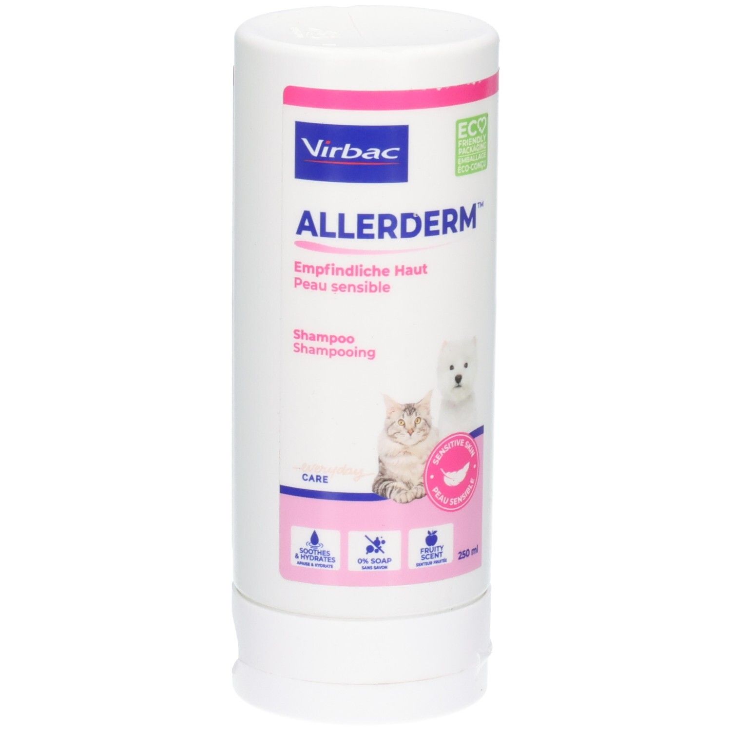 Flacon cylindrique blanc avec accents roses et bleus. Inscription: ALLERDERM, Empfindliche Haut, Peau sensible. Image d'un chat et d'un chien.